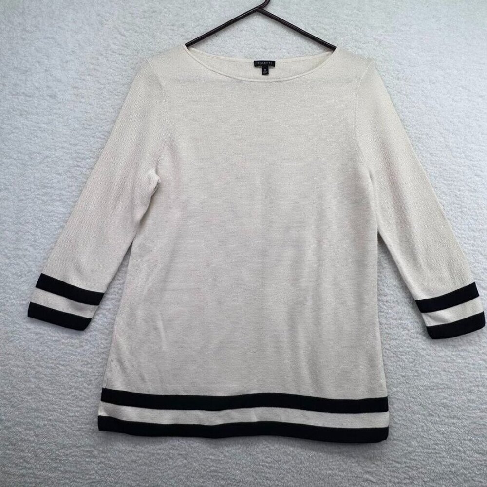 Talbots Sweater Adult Medium White Black Striped Trim Tunic Womens Office Preppy